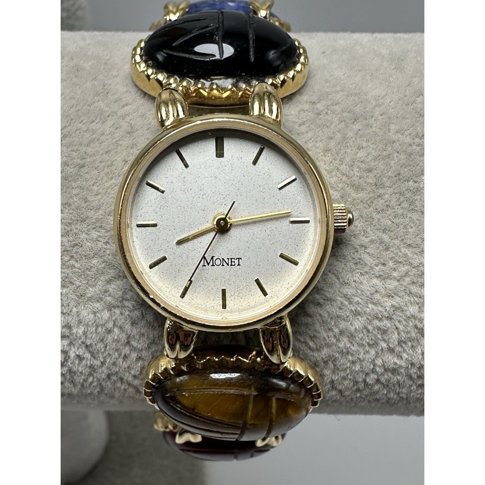 Monet Scarab Ladies Watch New Battery 21MM 7" Gold Tone Vintage